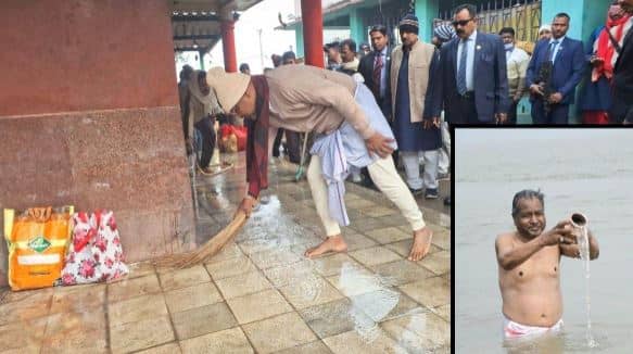 नये अंदाज में दिखे बाबूलाल, मकर संक्रांति पर लगायी आस्था की डुबकी, मंदिर में लगाई झाड़ू