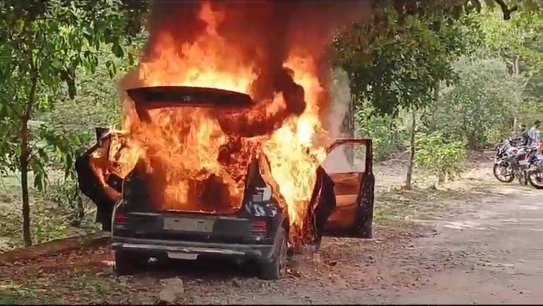 खस्सी चोरी का अंजाम! पेड़ से टकराई कार जलकर खाक, देखिए कहाँ का है मामला
