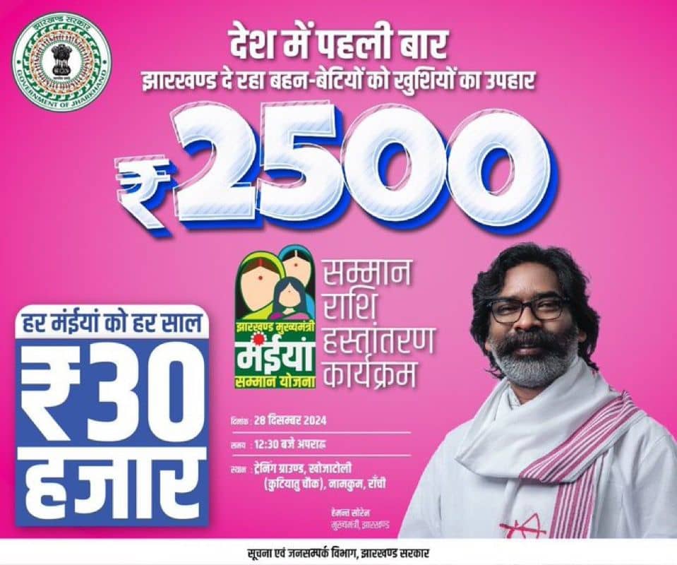 मंईयां सम्मान योजना पर बोले सीएम हेमंत, बेटियों को मिलेंगे 30 हजार रुपयें, कभी भी ख़त्म नहीं होगी यह योजना