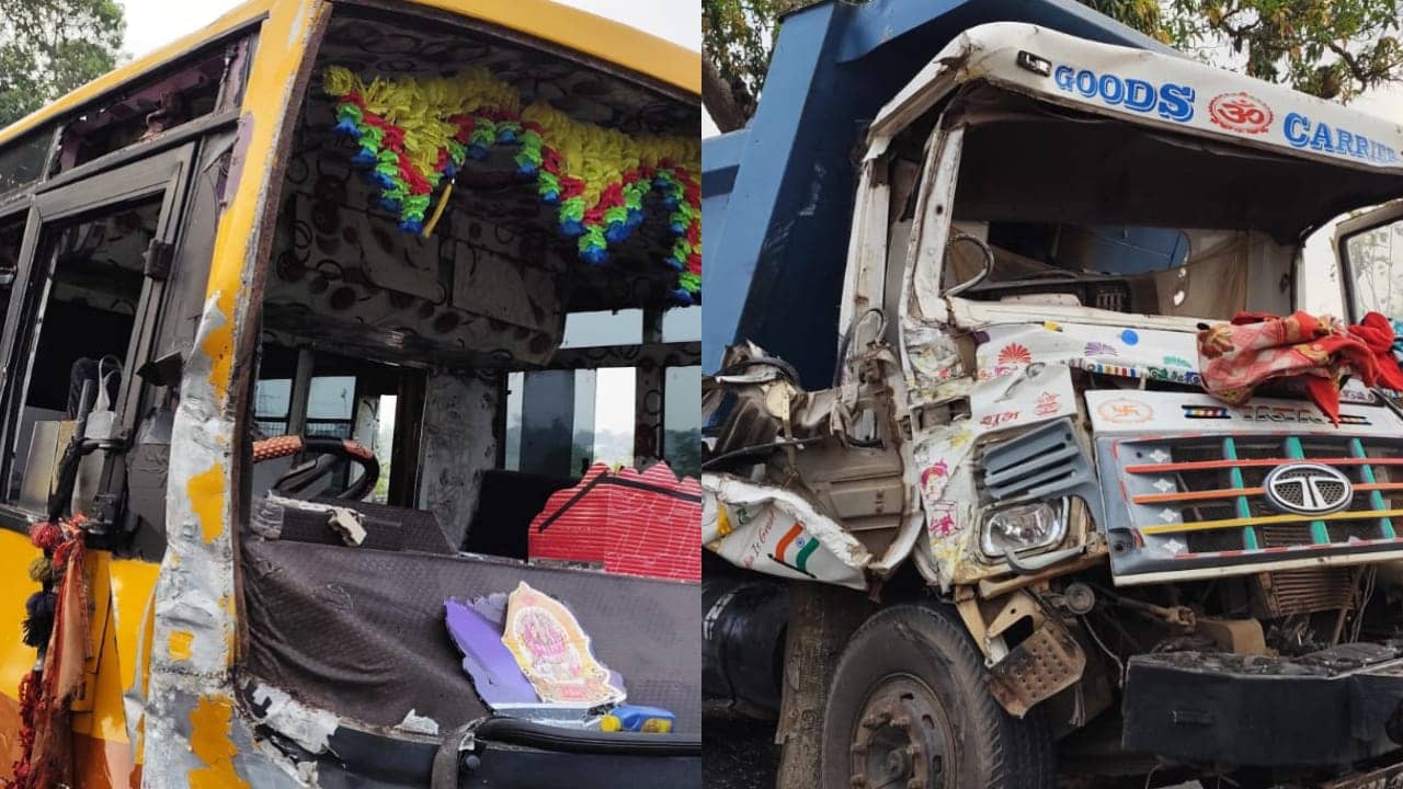 खूंटी में स्कूल बस और हाइवा में टक्कर, तीन छात्र घायल, चालक का टूटा पैर, जानें पूरा मामला