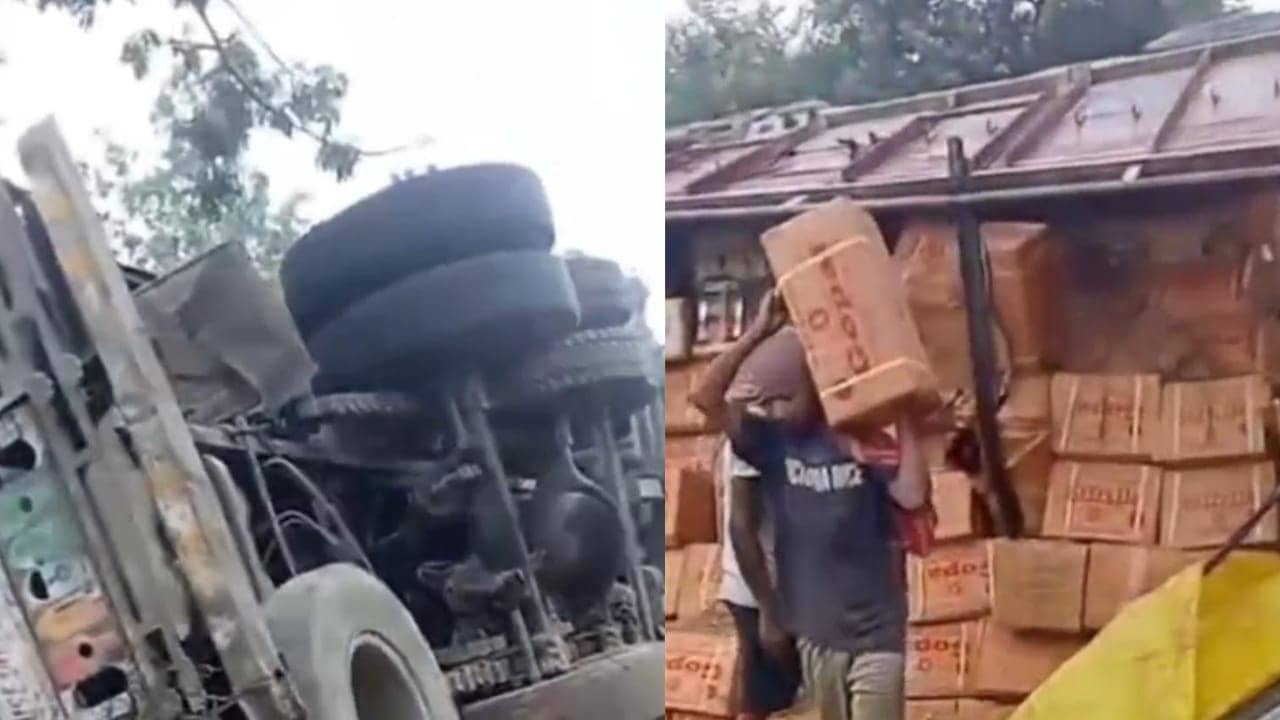 गिरिडीह से देवघर आ रही ट्रक अनियंत्रित होकर पलटी, लाखों रुपए का सरसों तेल लूटने से बचा