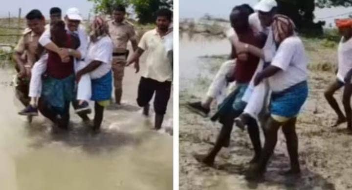 वाह नेता जी वाह ! निकले थे बाढ़ क्षेत्र का दौरा करने, कीचड़ दिखा तो पीड़ितों के कंधों पर चढ़ गए सांसद तारीक अनवर, वीडियो देख भड़के लोग