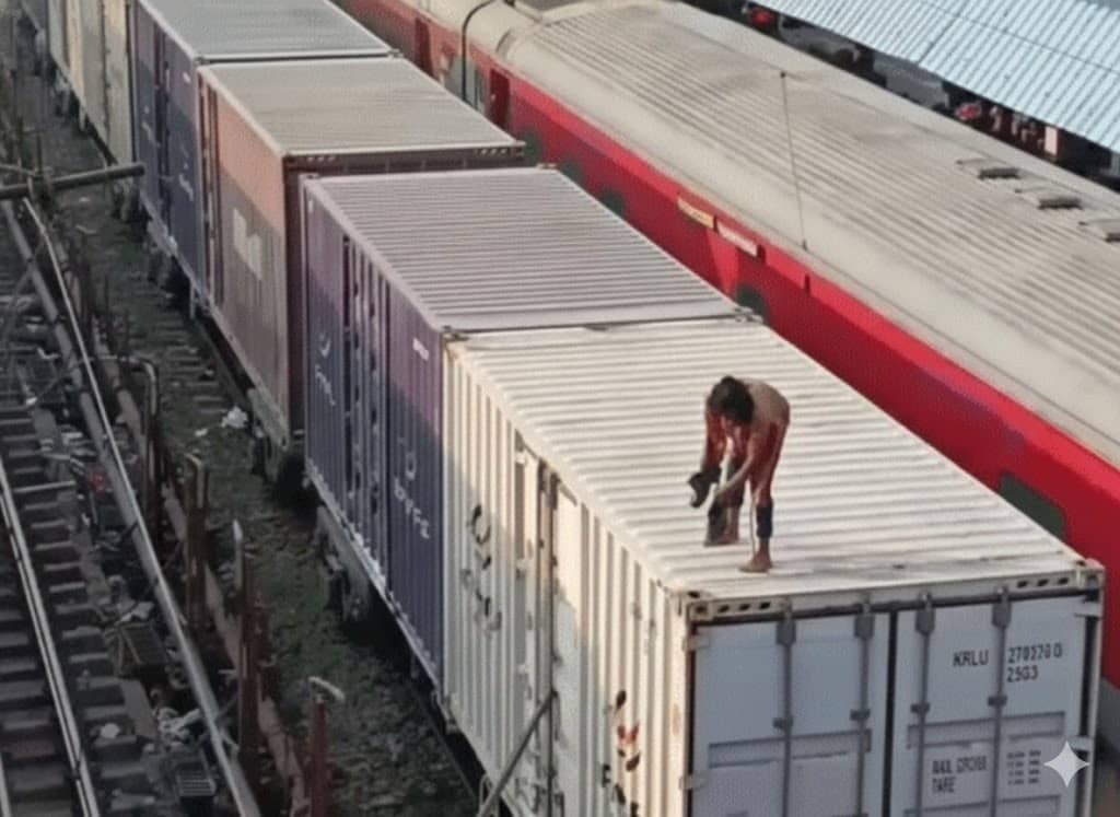 रेलवे ट्रैक पर हाईवोल्टेज ड्रामा, मालगाड़ी के कंटेनर पर चढ़ हाईटेंशन तार के नीचे दौड़ता रहा युवक, जानिए फिर.....