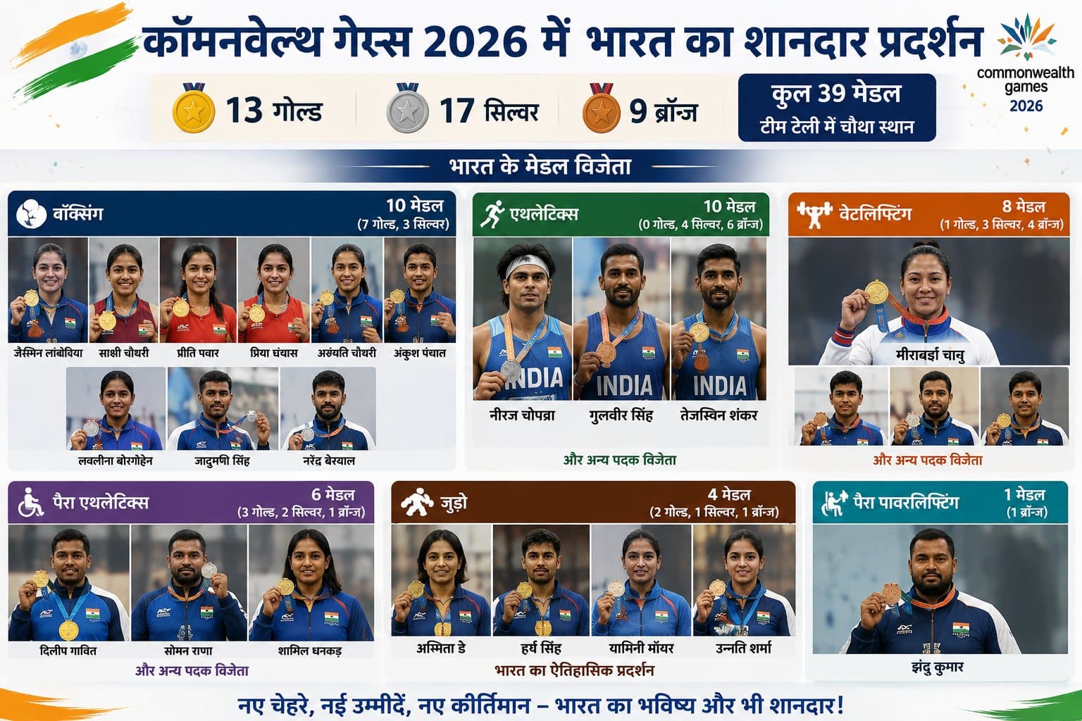 कॉमनवेल्थ गेम्स 2026: भारत ने 13 गोल्ड समेत 39 मेडल किए अपने नाम, 2026 में नए सितारों ने बिखेरा जलवा