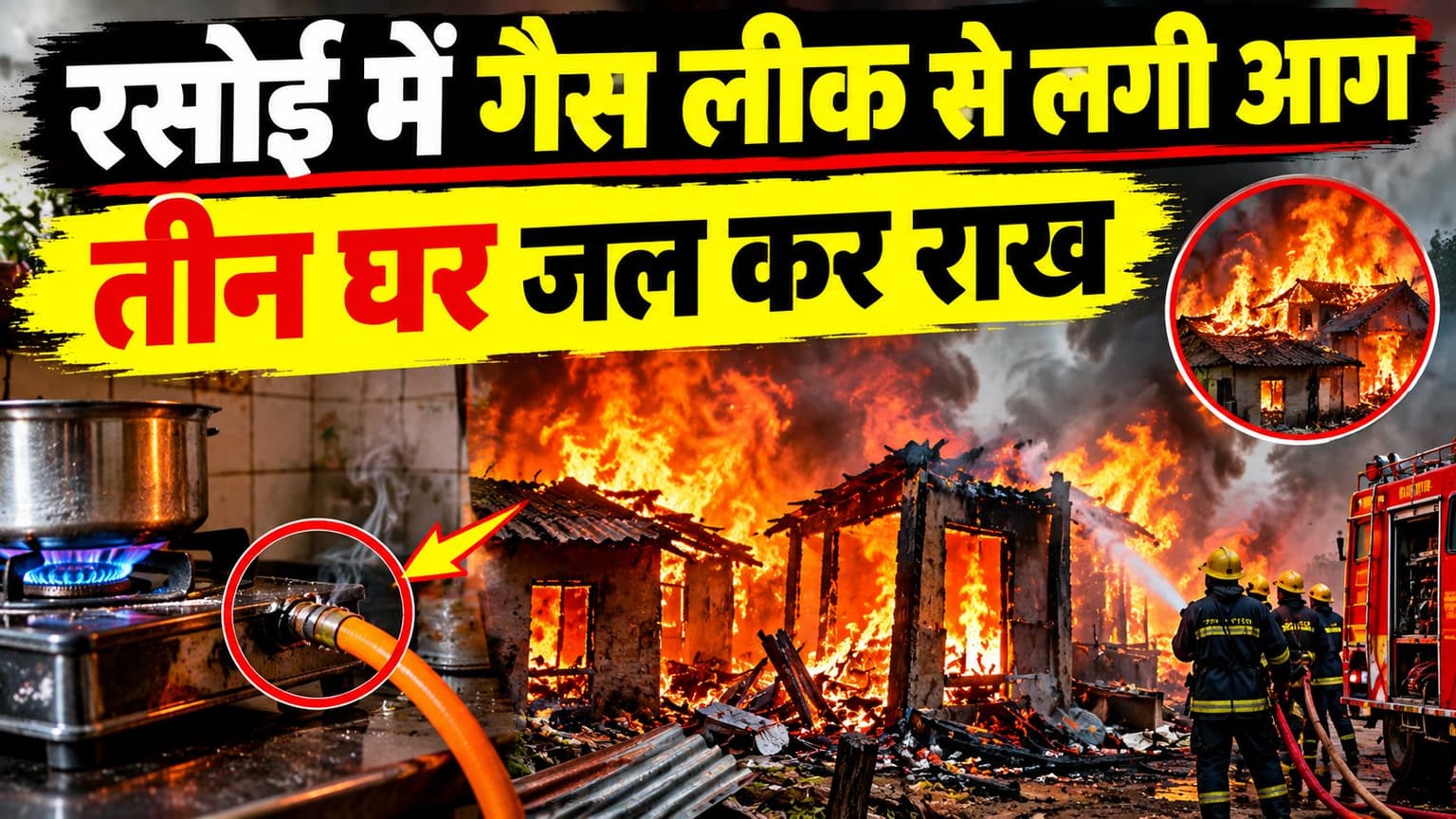 खाना बनाने बैठी थी महिला, गैस लीक होने से लगी आग, आसपास के तीन घर जलकर राख