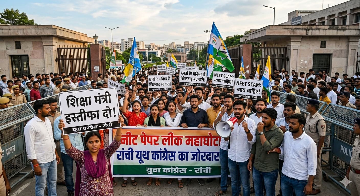 नीट पेपर लीक पर रांची में यूथ कांग्रेस का प्रदर्शन, शिक्षा मंत्री से इस्तीफे की मांग