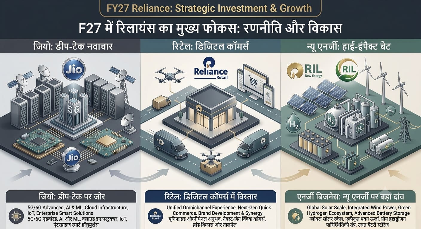फाइनेंसियल ईयर 2027 में रिलायंस का फोकस साफ. जियो डीप-टेक पर, रिटेल डिजिटल कॉमर्स पर और एनर्जी बिजनेस न्यू एनर्जी पर फ़ोकस