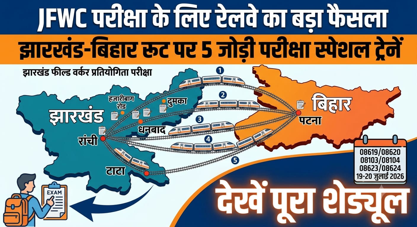 बिग अपडेट : JSSC-JFWC परीक्षा के लिए रेलवे का बड़ा फैसला, झारखंड-बिहार रूट पर 5 जोड़ी परीक्षा स्पेशल ट्रेनें चलेंगी, देखें पूरा शेड्यूल