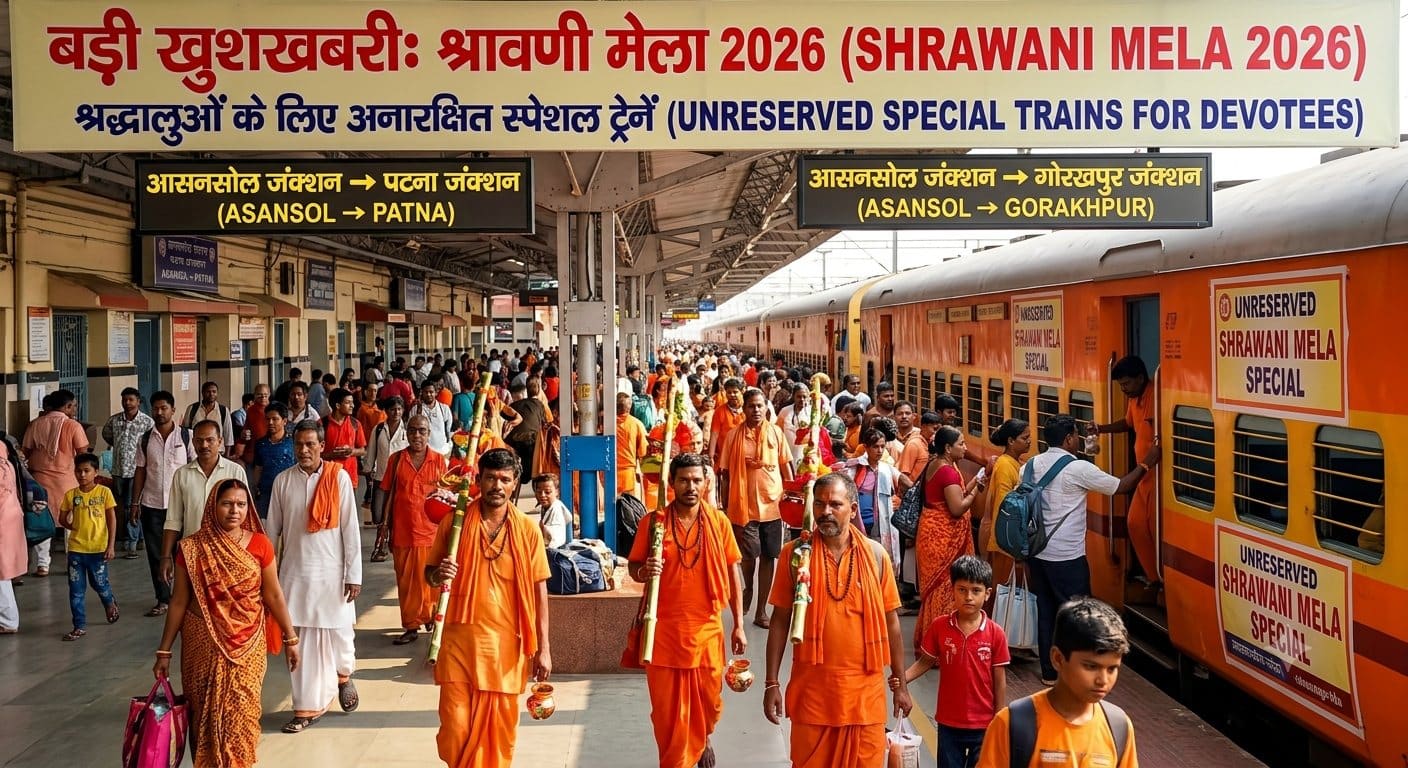 Big Update : श्रावणी मेला 2026. श्रद्धालुओं के लिए खुशखबरी. आसनसोल से पटना और गोरखपुर के लिए चलेगी अनारक्षित स्पेशल ट्रेनें