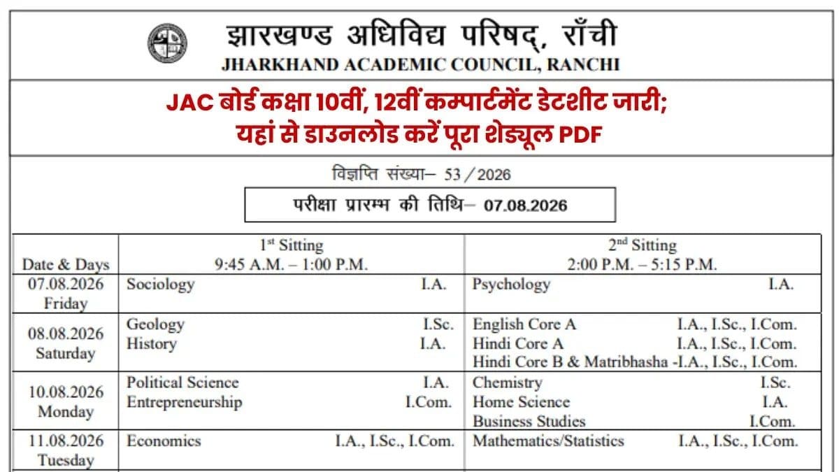 JAC 10वीं के छात्रों के लिए बड़ी खबर! 7 अगस्त से कंपार्टमेंटल परीक्षा, 30 जुलाई से डाउनलोड करें एडमिट कार्ड