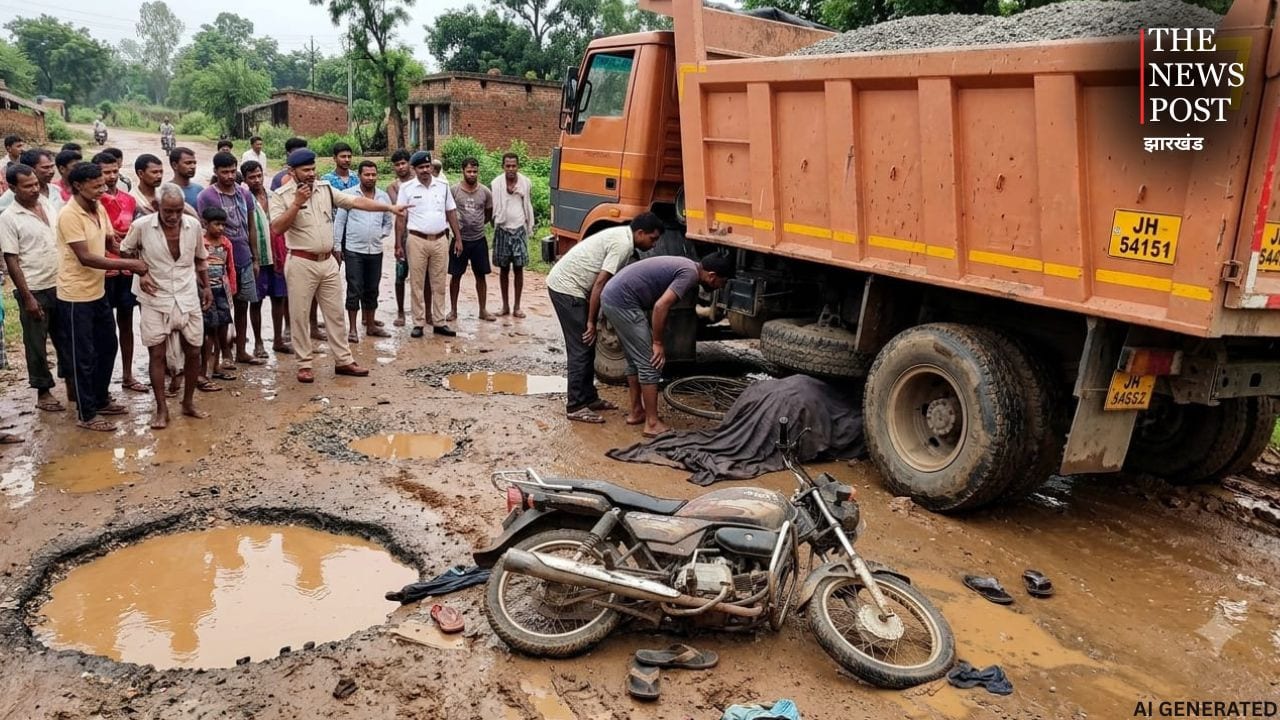 चतरा: सड़क की बदहाली ने कराया बड़ा हादसा, गड्ढे में गिरते ही हाइवा के नीचे आया युवक