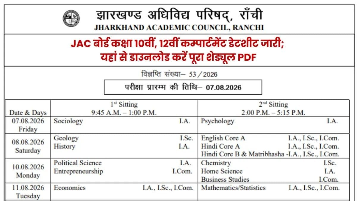 JAC 10वीं के छात्रों के लिए बड़ी खबर! 7 अगस्त से कंपार्टमेंटल परीक्षा, 30 जुलाई से डाउनलोड करें एडमिट कार्ड