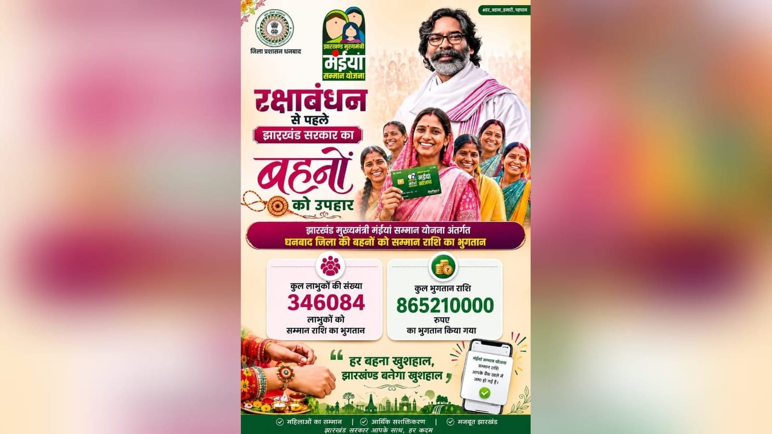 रक्षा बंधन से पहले मंईयां के खाते में पहुंची खटा खट राशि,धनबाद में 3.5 लाख के खाते में पहुंची किस्त