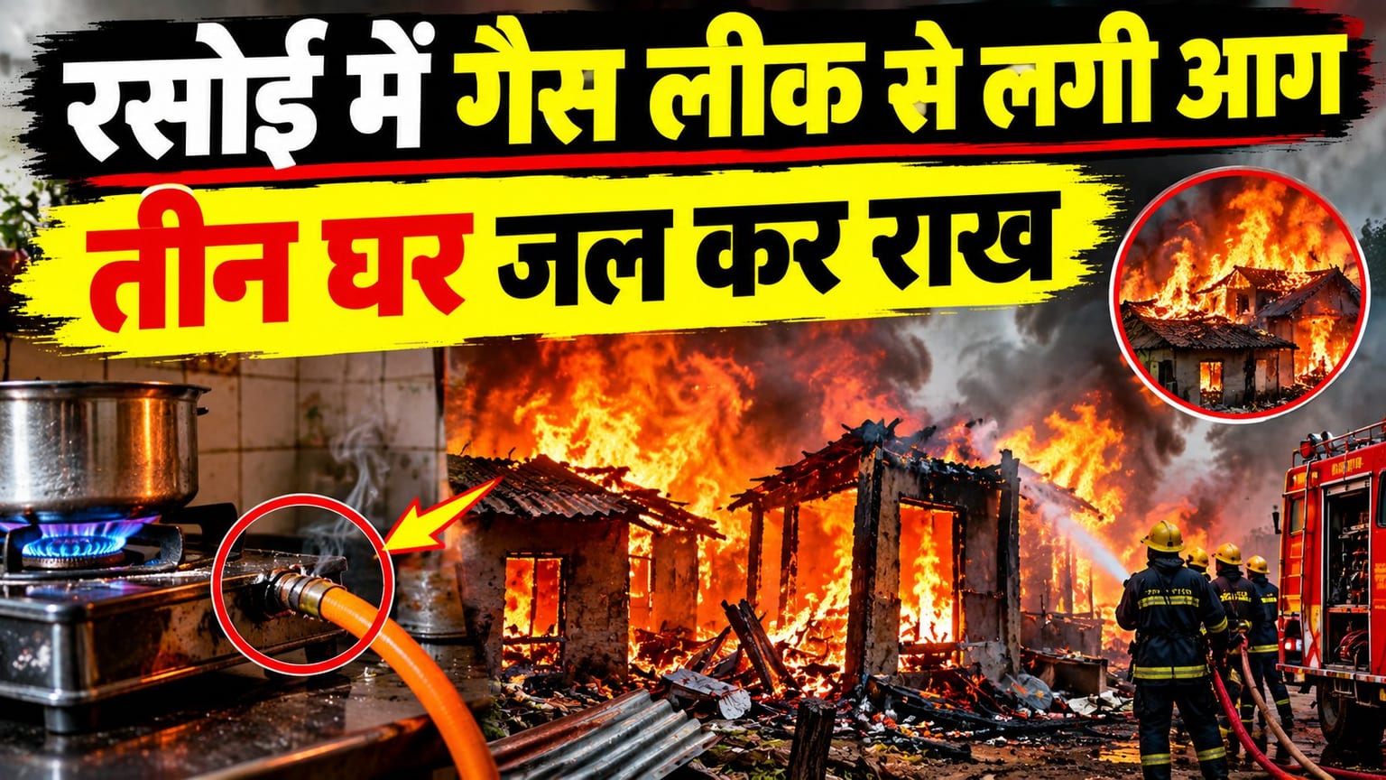 खाना बनाने बैठी थी महिला, गैस लीक होने से लगी आग, आसपास के तीन घर जलकर राख