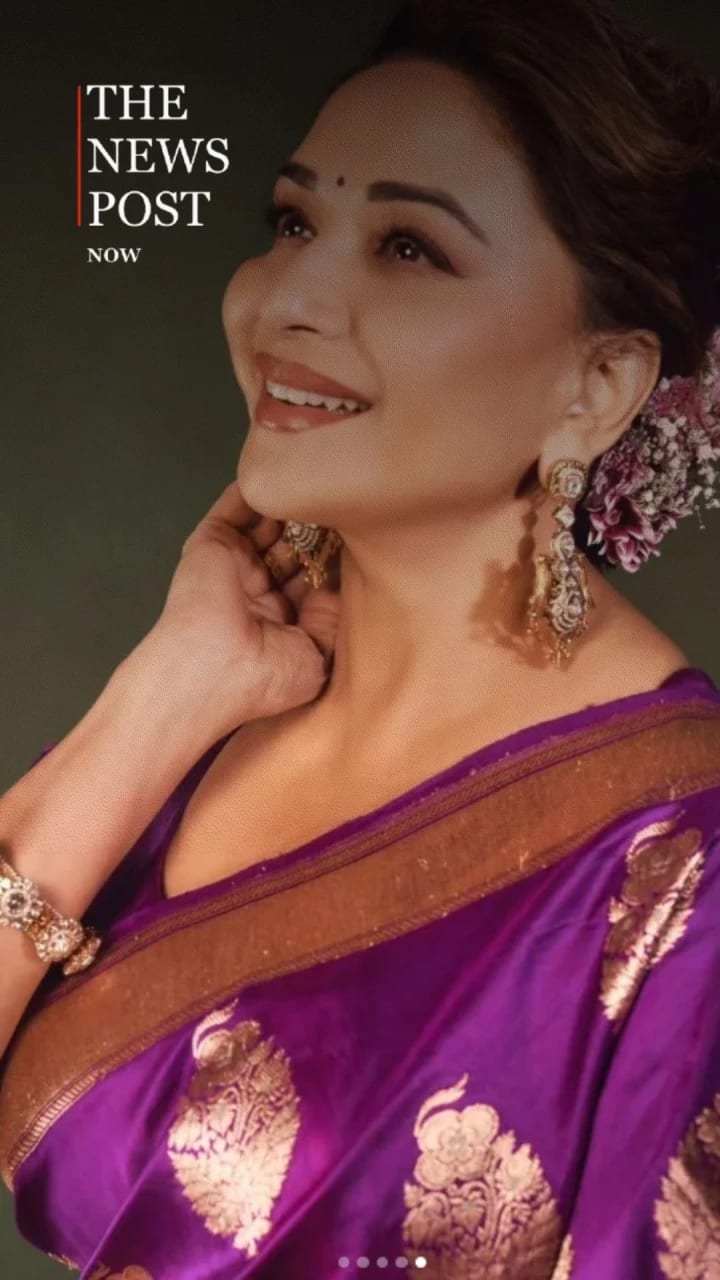 बैंगनी साड़ी में माधुरी दीक्षित का दिलकश अंदाज, तस्वीरों से नहीं हटेंगी नजरें....
