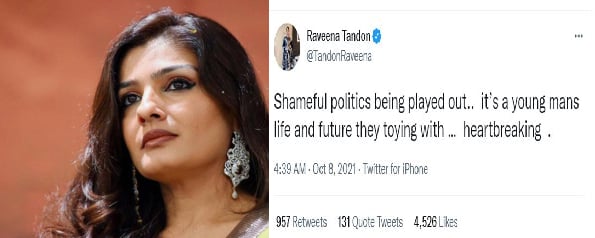 रवीना टंडन ने दिया शाहरुख का साथ, बोली घटिया राजनीति का शिकार आर्यन