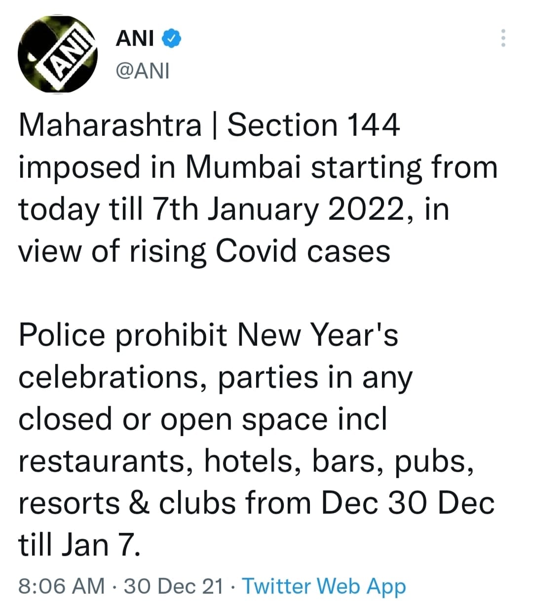 नए साल का celebration हुआ फीका, मुंबई में आज से धारा 144 लागू