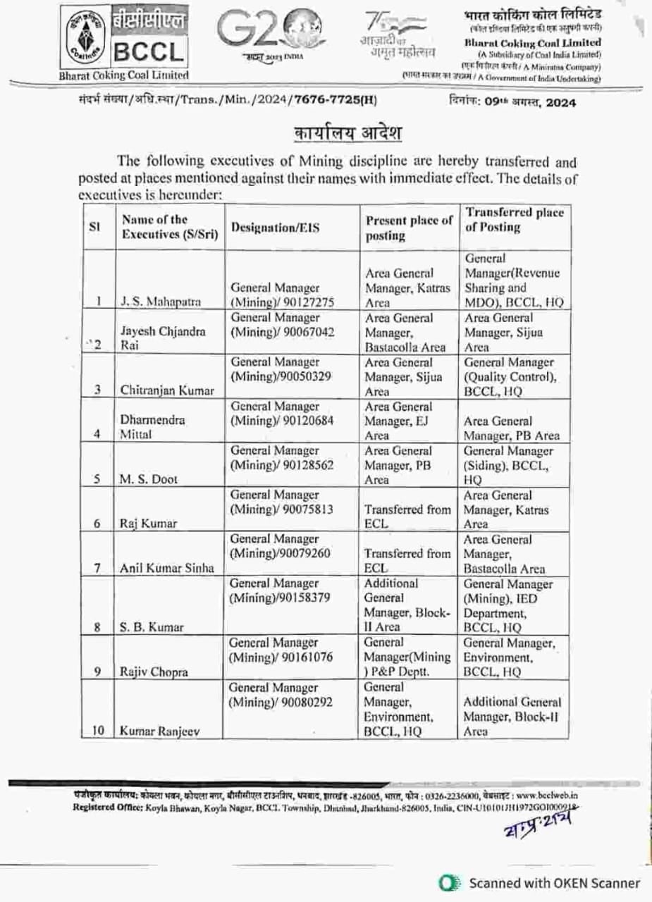 BCCL :आखिर एक झटके में कड़े आदेश के साथ  10 महाप्रबंधक क्यों बदले गए ,पढ़िए इस रिपोर्ट में