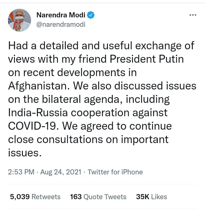 अफगानिस्तान मुद्दे पर रूसी राष्ट्रपति और पीएम मोदी के बीच फोन पर हुई बात