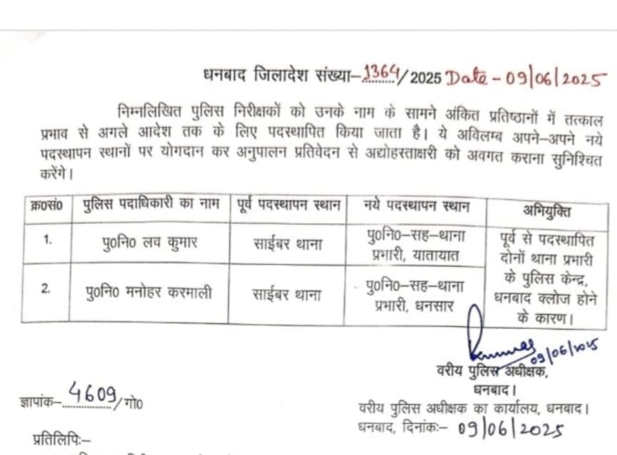 Breaking : धनबाद SSP की पहली कार्रवाई: दो थाना प्रभारियों पर गिरी गाज, धनसार और यातायात प्रभारी लाइन हाजिर