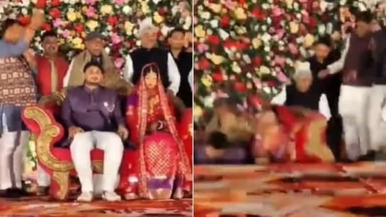 दूल्हा-दुल्हन को आशीर्वाद देने पहुंचे BJP जिलाध्यक्ष तभी मंच ने दे दिया जवाब! भर-भराकर गिरे सभी लोग, देखिए Video