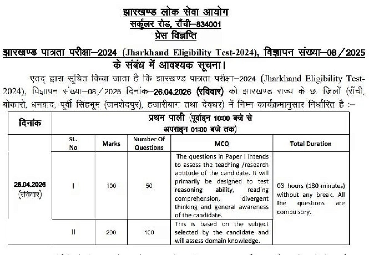 झारखंड के इन 6 जिलों में बनेगा JET का इग्ज़ैम सेंटर, जानें पूरा शेड्यूल