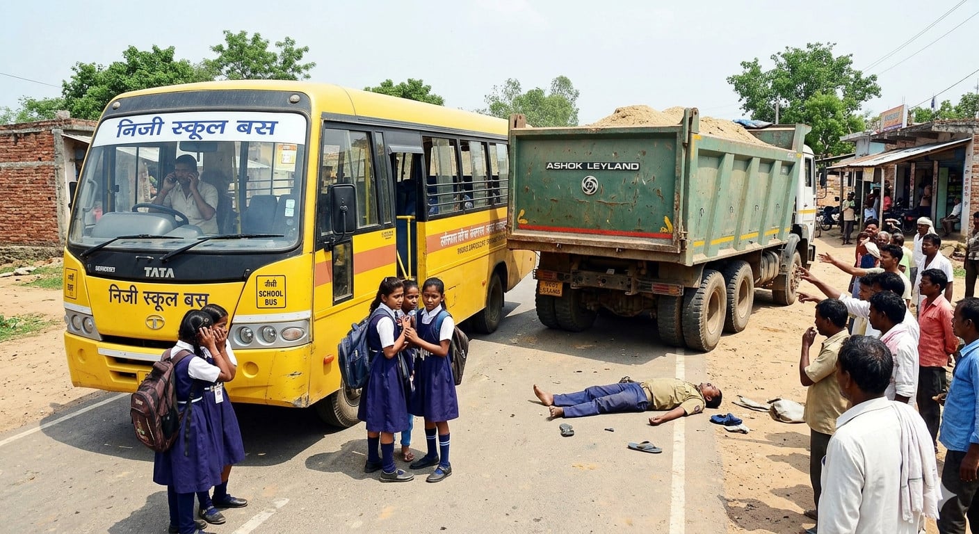 पलामू: बच्चों को स्कूल बस में बैठा रहा था खलासी,तभी मौत बन कर पहुंची हाईवा,खलासी को रौंदा