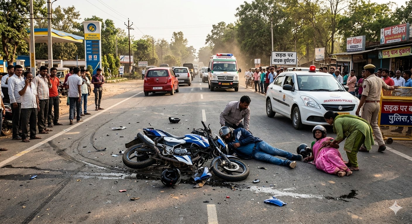 धनबाद में भीषण सड़क हादसा, बाइक सवार दंपती की मौत, मासूम की हालत नाजुक
