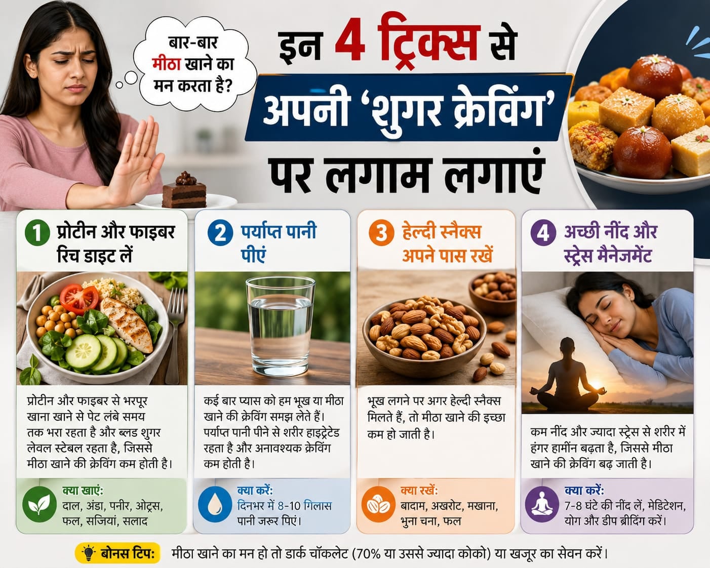 बार-बार मीठा खाने का मन करता है? इन 4 ट्रिक्स से अपनी 'शुगर क्रेविंग' पर लगाम लगाएं