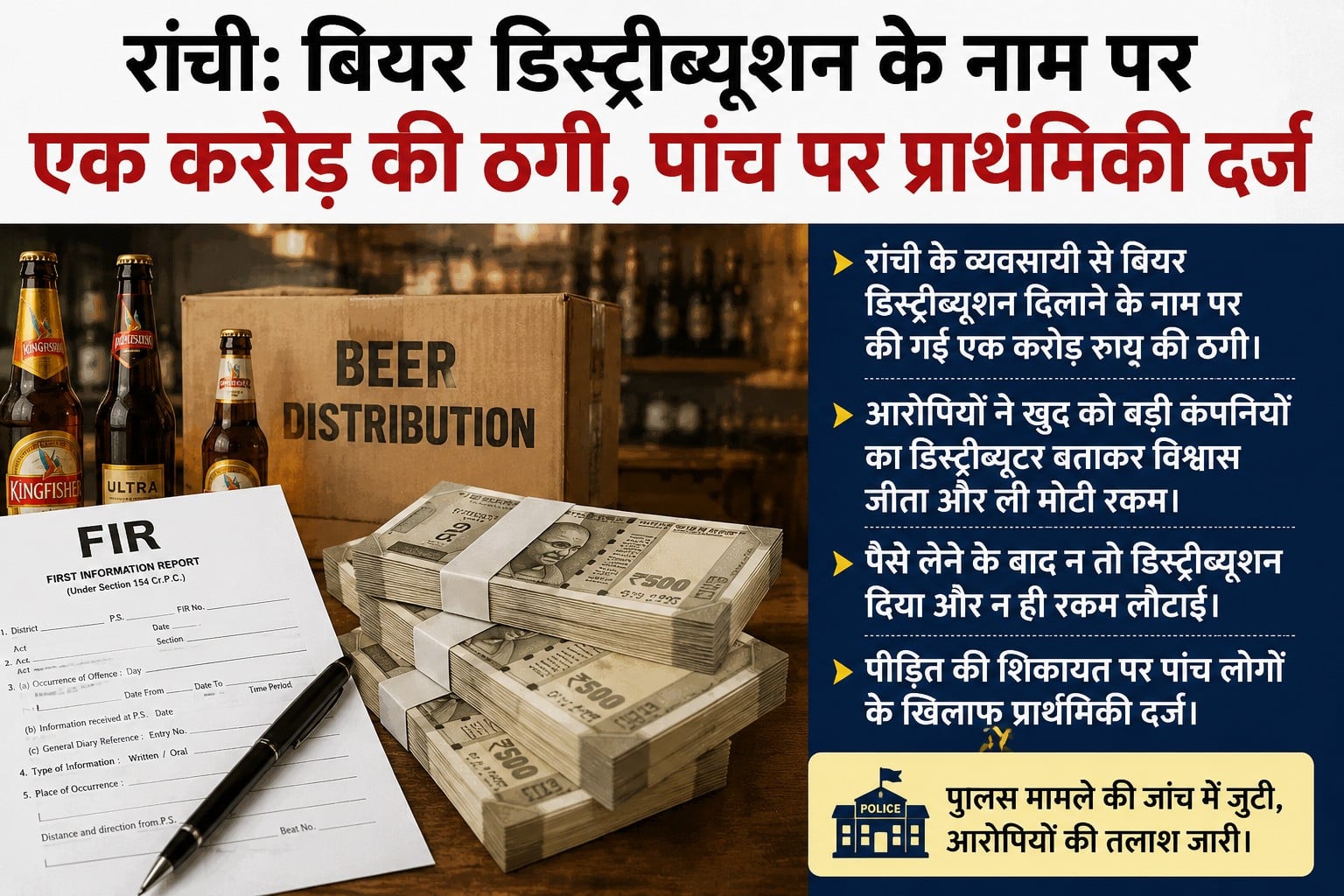 रांची में बियर डिस्ट्रीब्यूशन के नाम पर करोड़ों की ठगी, पांच पर FIR दर्ज