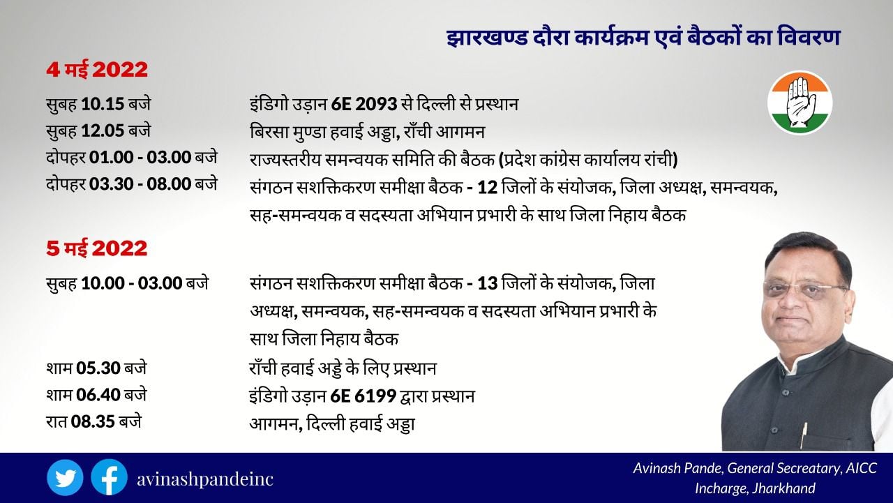 राजनीति : सियासी संकट के बीच  कांग्रेस प्रभारी अविनाश पांडे क्या करने आ रहे हैं झारखंड !