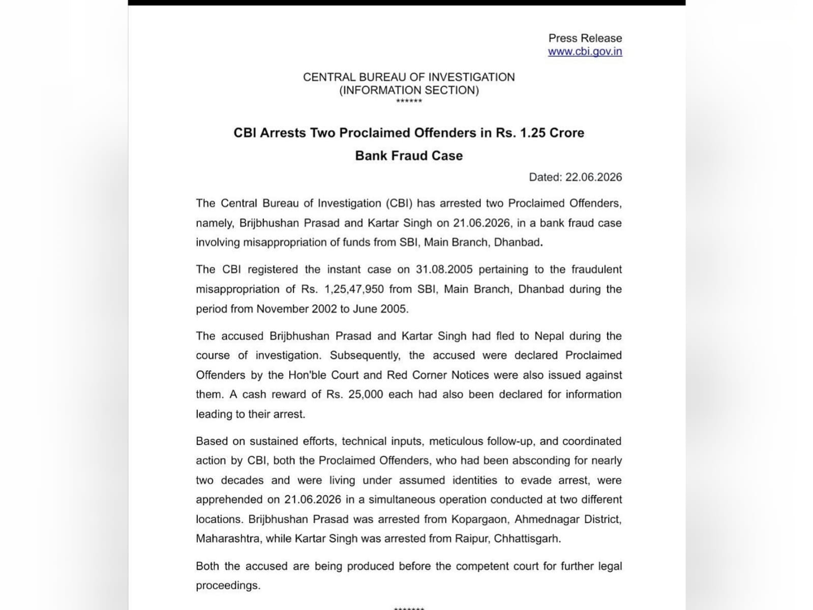 BIG BREAKING: धनबाद SBI घोटाले में रेड कॉर्नर नोटिस जारी, दो आरोपी बीस साल बाद सीबीआई के हाथों अरेस्ट