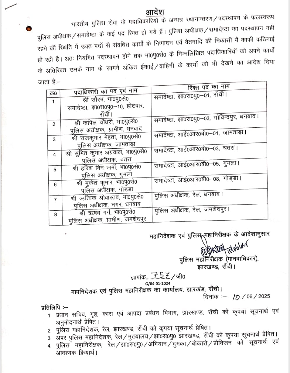 Breaking:झारखंड के आठ आईपीएस को मिला कमांडेंट -रेल एसपी का अतिरिक्त प्रभार ,धनबाद के सिटी -ग्रामीण एसपी की भी बड़ी जिम्मेवारी