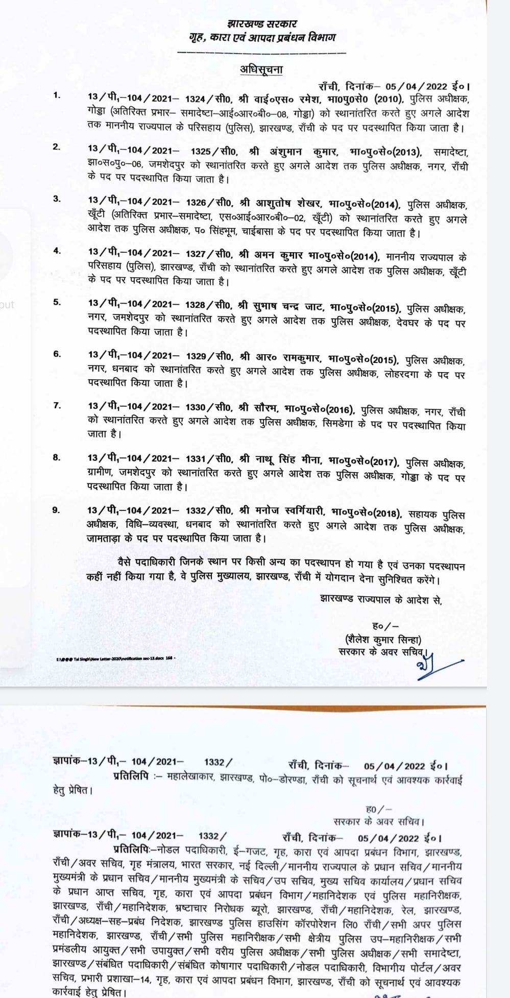 झारखंड के 9 IPS अधिकारियों का तबादला,गोड्डा एसपी वाई. एस. रमेश बनाए गए राज्यपाल के OSD,